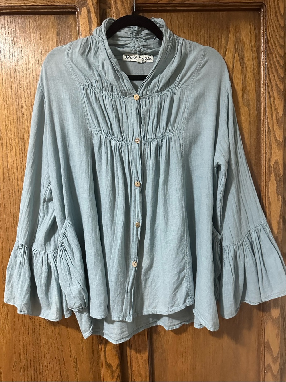 JP & Mattie Sundance Catalog Sage Bell Sleeve Button-Front Boho Peasant Blouse S